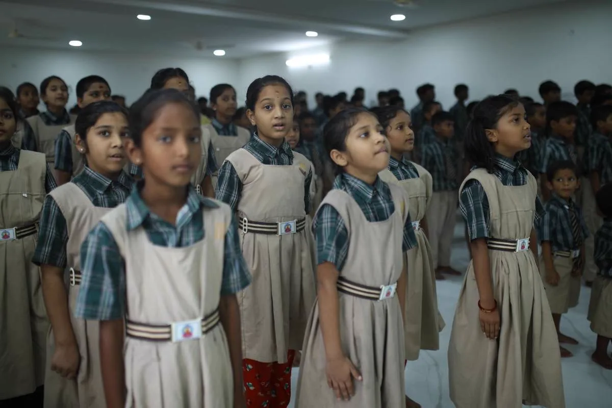 Children at Aadarana's morning assembly